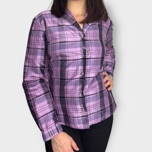 Vintage 1990s Ann Taylor Plaid Silk Button Down Purple & Pink Blouse